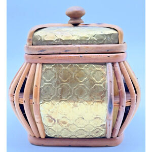 Vintage Bamboo Brass Wood Tabletop Storage Basket Box Patina Eclectic 6.5"×8"×8"